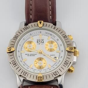 VINTAGE Esquire Swiss Wrist Watch 300194 White Gold Steel Leather ESQ